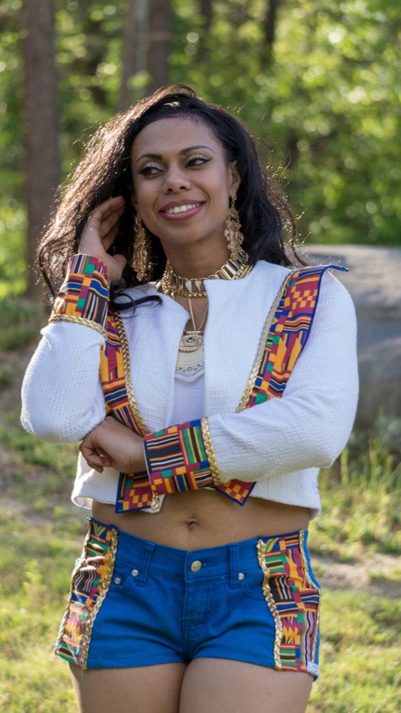 Cool summer cotton crop jacket and shorts with gold braided trim and african print fabric on front and sleeves Size M