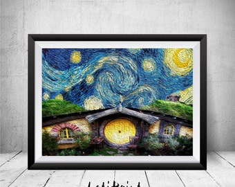 Hobbit Starry Night Print, Hobbit Wall Art Decor, Lord Of The Rings Art, Printable Art, The Lord Of The Rings, The Hobbit Houses, Van Gogh