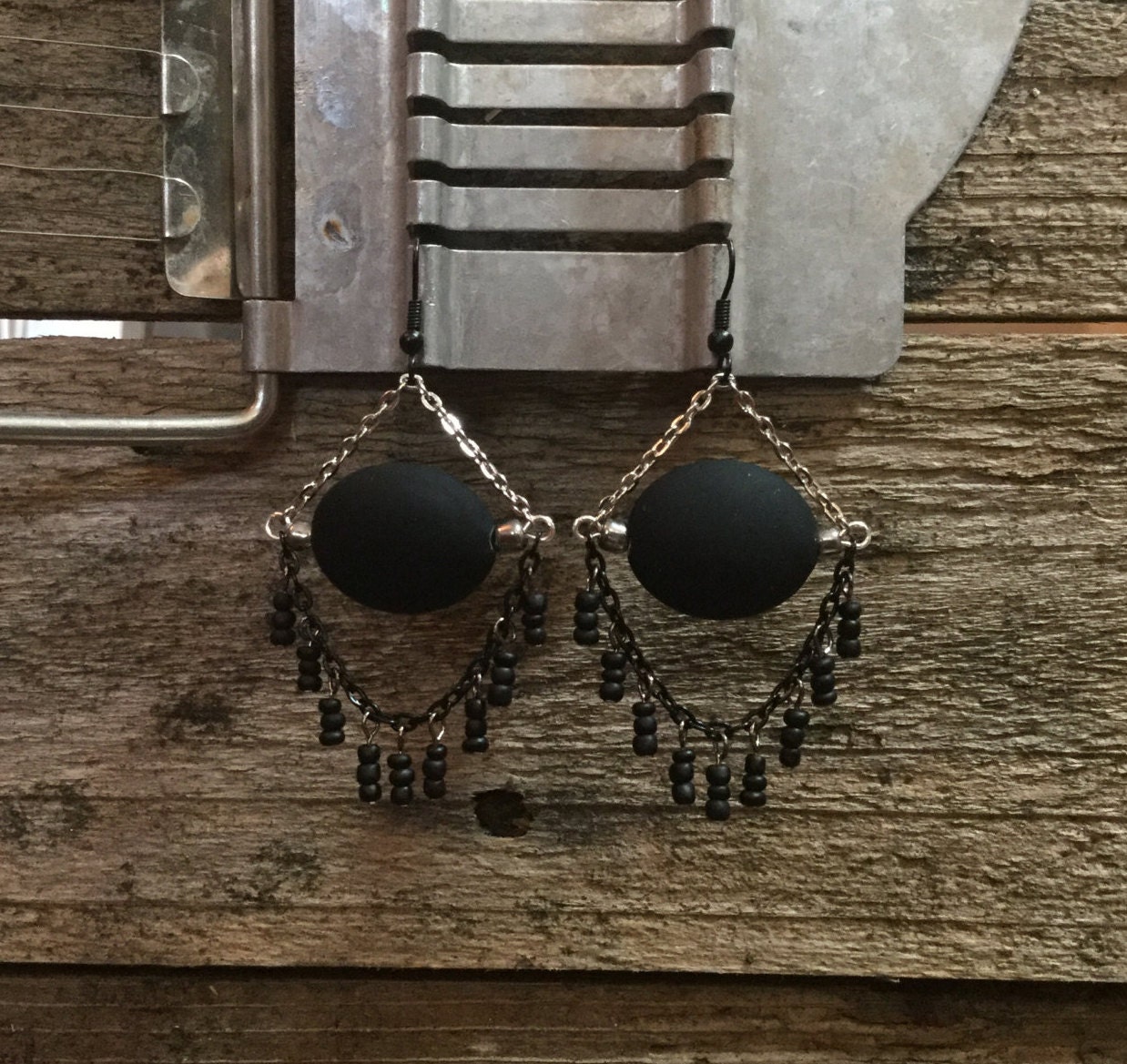 Black and Gun Metal Gray Beaded Earrings by BEKmonkeyJewelryBarn