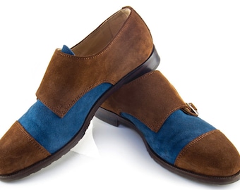 Women Handmade Double Monk Strap in Brown and Blue Suede - Cinnamon and Ocean Blue Suede