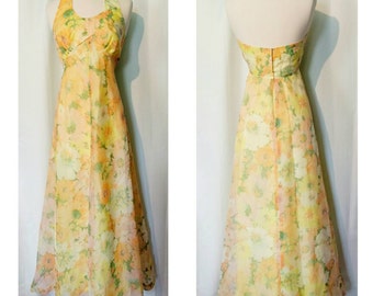 CLEARANCE! 60s Yellow Floral Formal Halter Dress!