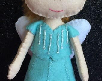 Handmade Light Blue Merino Felt Wool Angel with Silk Angora Blend Blonde Hair