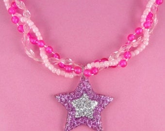 Glittery Pink Star Necklace - braided bead choker with big star pendant - sparkly glitter, cute kitsch girly, Fairy-kei Sweet Lolita, Decora