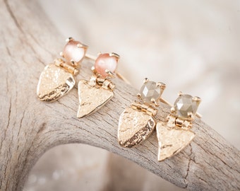 14k Stone Shield Studs with Sunstone | 14k Gold Earrings with Sunstone