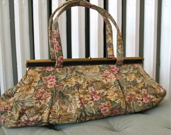 Laura | Vintage 1960s Floral Tapestry Purse with Gold Tone and Black Trim - Hinge Frame - Large and Long Body