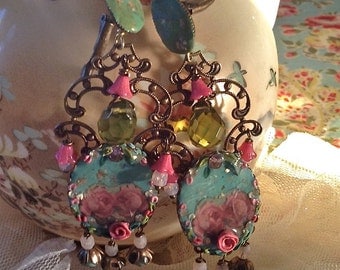 Lilygrace Pastel Rose Cameo Earrings with Vintage Rhinestones and Glass Flower beads