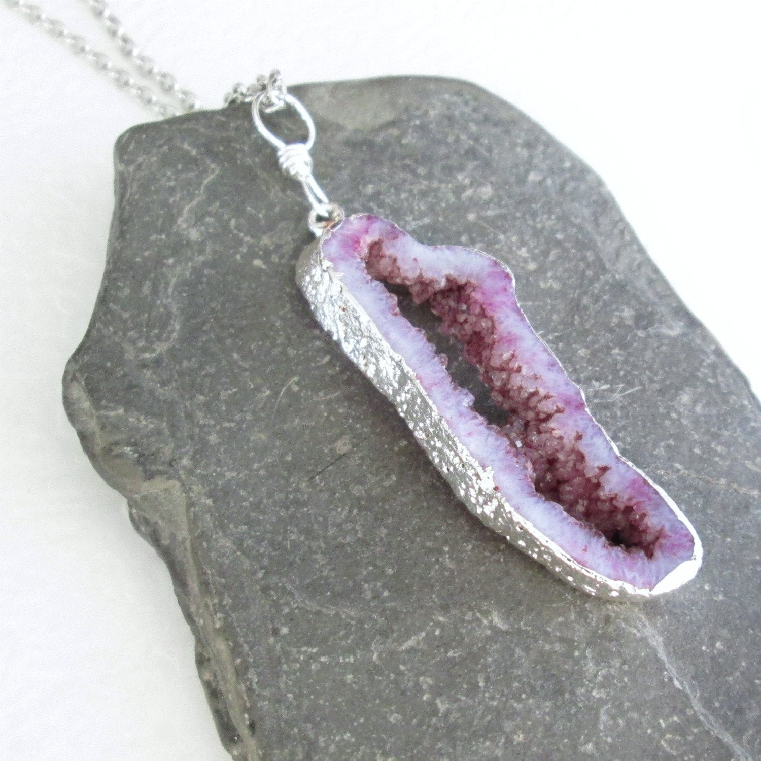 Purple Agate Slice Pendant Crystal Geode Necklace Rough