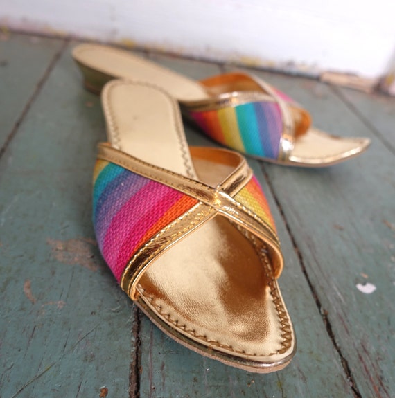 Rainbow Genie Slippers 1970s Metallic Gold Sandals / Mules