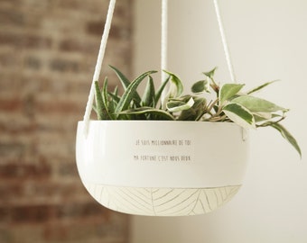 Large ceramic hanging planter. Plant hanger, succulent pot, terrarium. Yellow and white, modern pottery with love quote