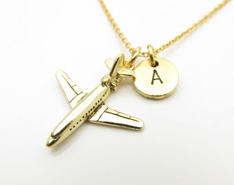 Airplane Necklace, Jet Plane Necklace, Personalized, Initial Necklace, Antique Gold Airplane, Commercial Airplane Charm, Monogram Z313