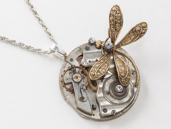 Steampunk Necklace Victorian Silver Pocket Watch Movement with Crystal set in Steel Gears and Gold Dragonfly Pendant Statement Necklace 2953 by steampunknation steampunk buy now online