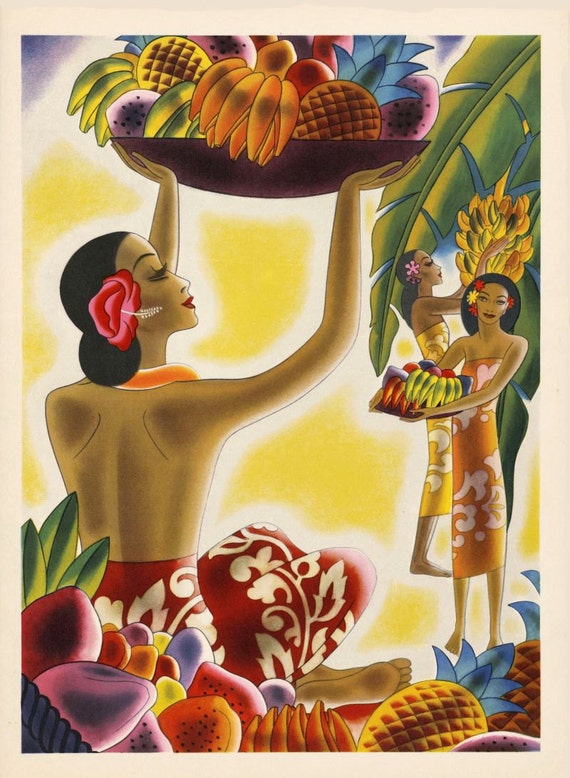 Items similar to vintage art deco hawaiian hula girls offering fruits ...