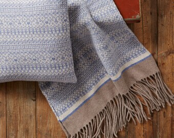 Scandi Blanket, chunky knit blanket, wool blanket, sofa, Fair Isle Knitted Blanket Wrap, 100% Lambswool, soft blue, mushroom, luxury, shawl