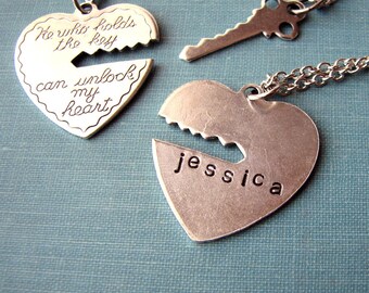 personalized he who holds the key can unlock my heart - custom his and hers 2 necklace set / cursive type Valentine's Day