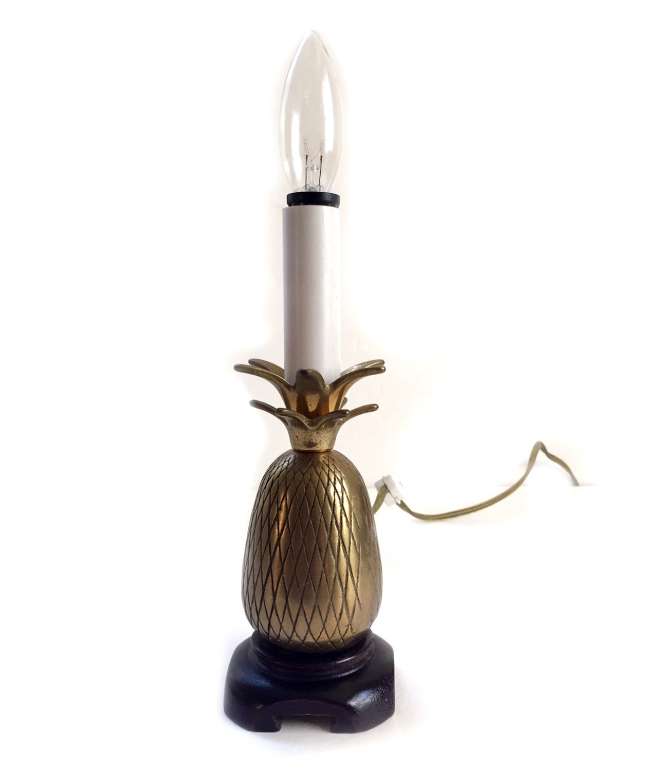 Small Brass Pineapple Lamp with Wooden Base Hollywood Regency