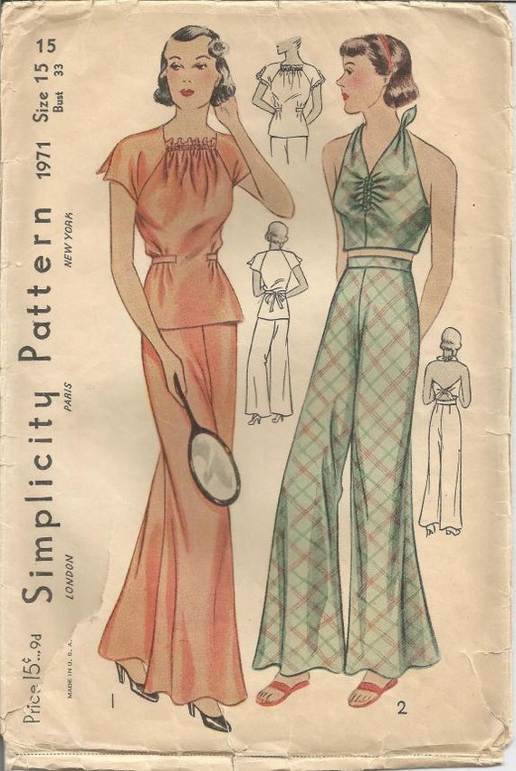 1930s Beach Pajamas Pattern Halter Top Palazzo Pants Hollywood