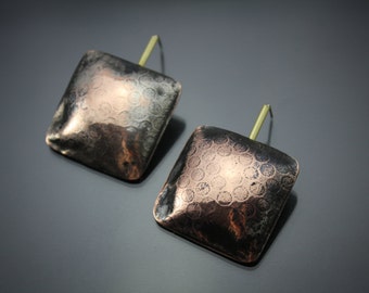 copper earrings, mixed metal earrings, copper and brass earrings, rustic metal jewelry, modern earrings, handmade artisan jewelry