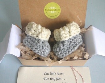 Grandparent Pregnancy Announcement, BOOTIES IN A BOX® Ribbed Cuffs with Optional Wood Buttons, Newborn Baby Booties, Personalized Message