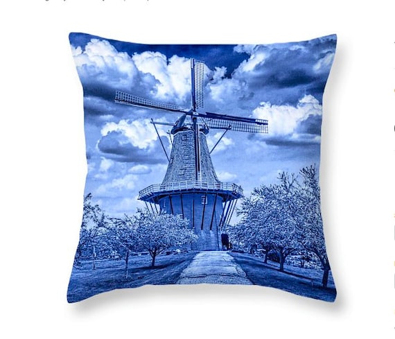 Delft Blue Throw Pillow of the Dutch Windmill the DeZwaan on