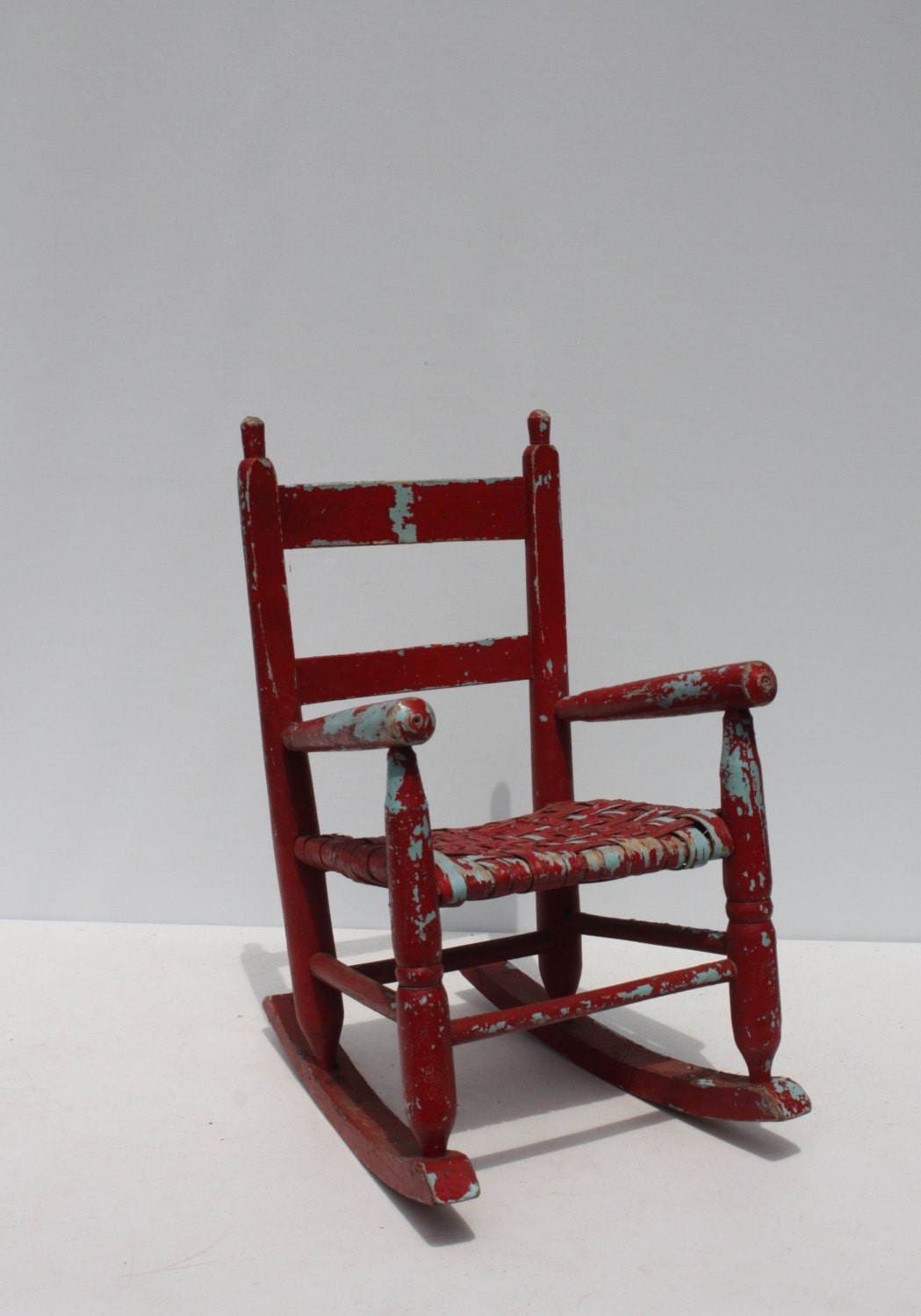 Vintage Child's Rocking Chair Wood Wooden Woven Seat Red