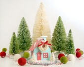 Putz House Christmas Ornament  Cabin Glitter House Turquoise/Red Trim Vintage Style Christmas Decoration