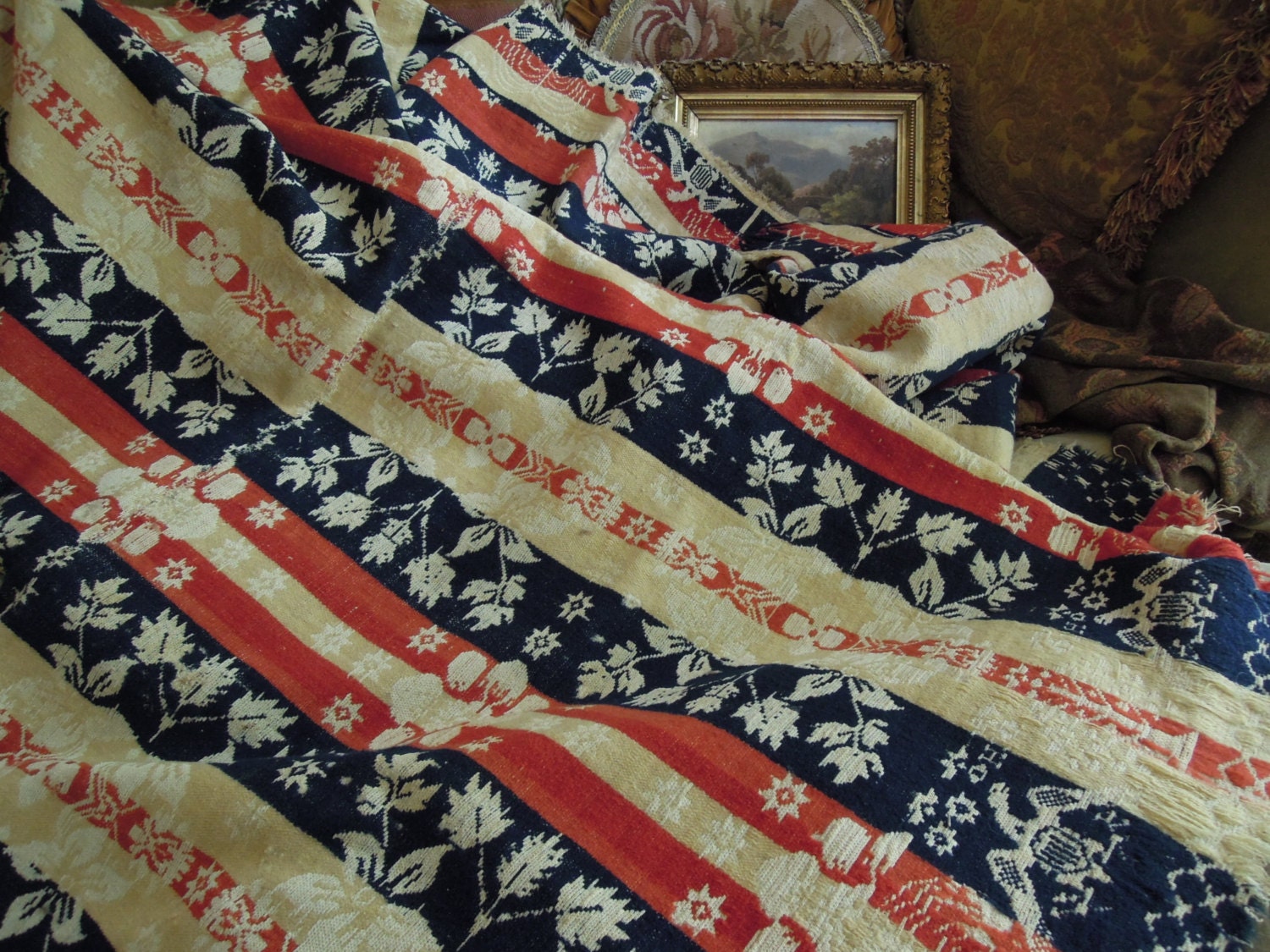 Vintage / Antique Wool Jacquard Blanket / 1800s by AloofNewfWhimsy