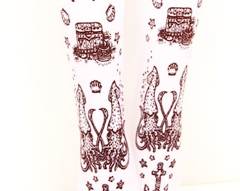 Nautical Squid Pirate Printed Tattoo Tights Narwhal Brown on White Small Medium Lolita Fashion J Steampunk