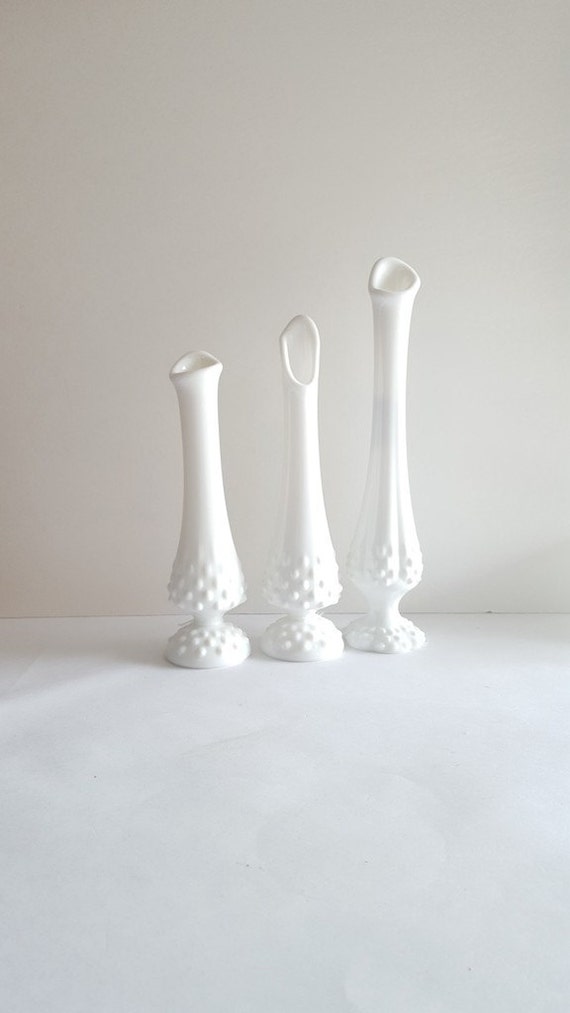 RARE Milk Glass Bud Vase Abstract Hobnail 3Piece Collection