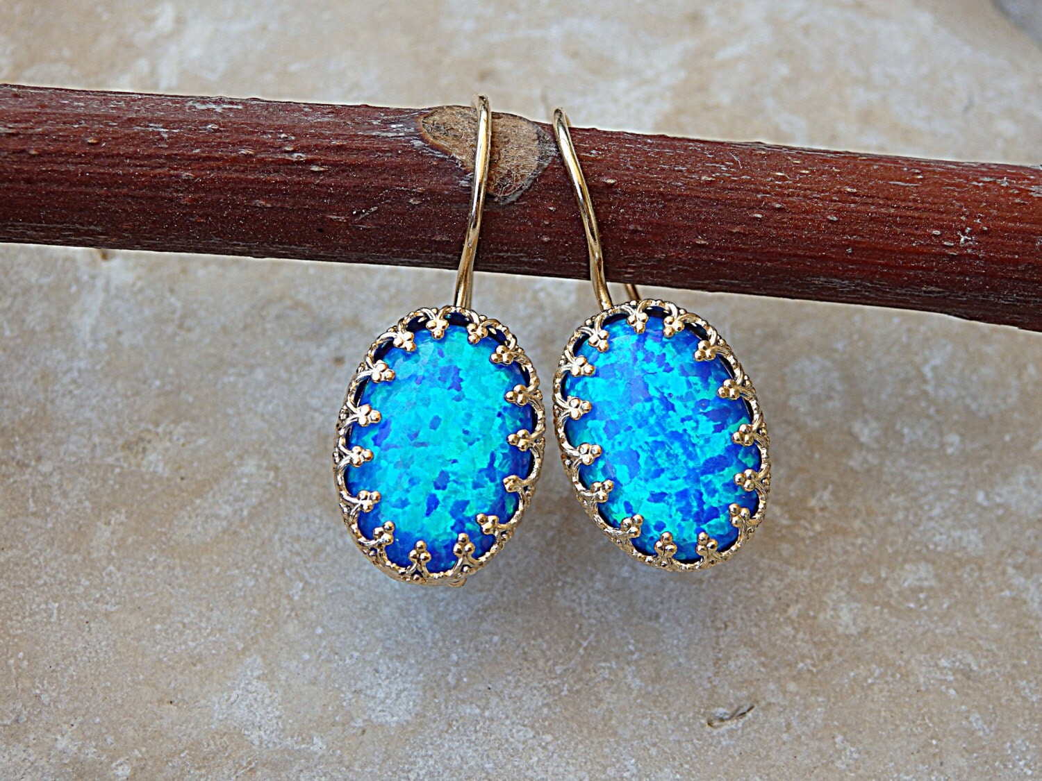 Blue Opal Gold Earrings Gemstone Earrings Blue Opal