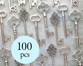 Wedding Favors - 100pcs Skeleton Keys - The Bennett Collection - Antique SILVER - Set of 100 Keys - 3 STYLES