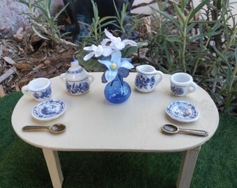 Blue Tea Set and Flower Vase For Fairy Garden or Dollhouse Miniature Food Enjoyment