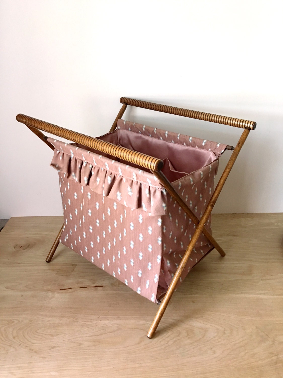 Large Vintage Folding Fabric Sewing Basket Peachy Pink and
