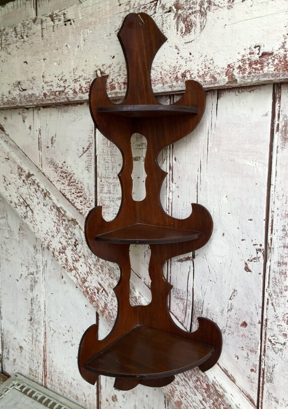 Antique wood corner shelf ornate knick knack three tier