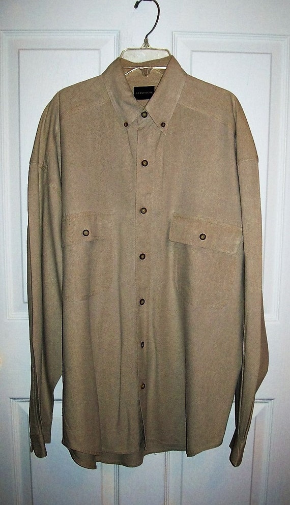 Vintage 90s Mens Tan Raw Silk Button Down Shirt by Structure