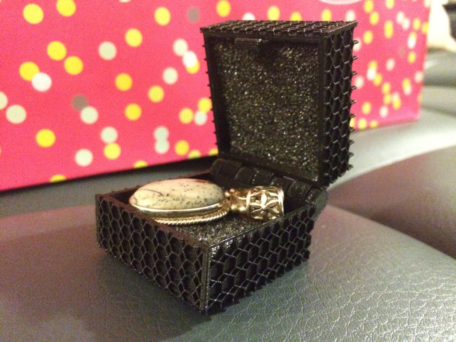 3D Printed Jewelry Box Black Box 3D Printed Hexagon Texture