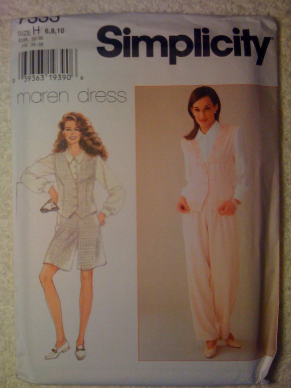Simplicity 7333 Sewing Pattern Uncut 90s Misses and Miss Petite Blouse and Vest in One, Pants and Shorts Size 6-8-10