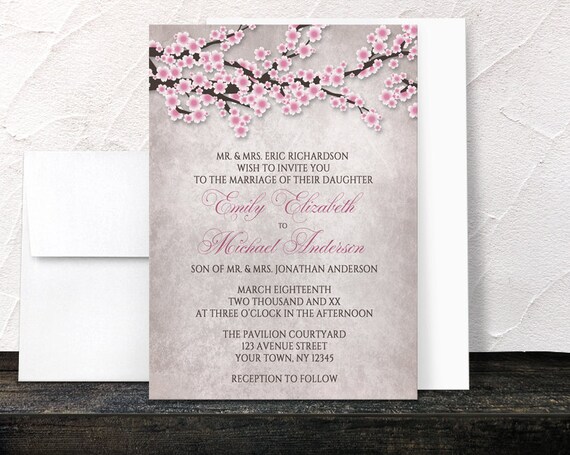 Cherry Blossom Wedding Invitations Pink - Rustic Vintage design with Pink Cherry Blossom Branches - Printed Invitations Il_570xn