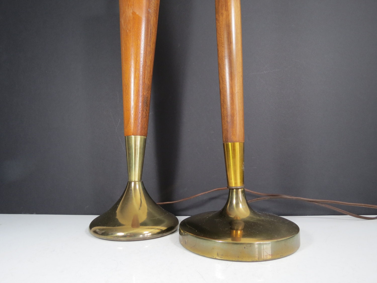 Mid Century Wooden Lamp // Vintage Brass and Wood Tall Sleek