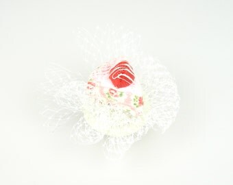 Fascinator Headpiece with Vintage Shabby Chic Strawberry Cheesecake with Flowery Pattern and Veil - Birthday Party Hat