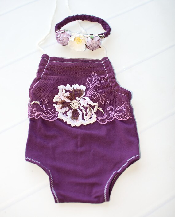 Plums and Lace newborn halter romper plum purple