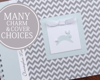Baby Memory Book Boy | Baby Album Photo Book & Journal | Personalized | Baby's First Year Book | Gray Chevron + Blue with Bunny Charm