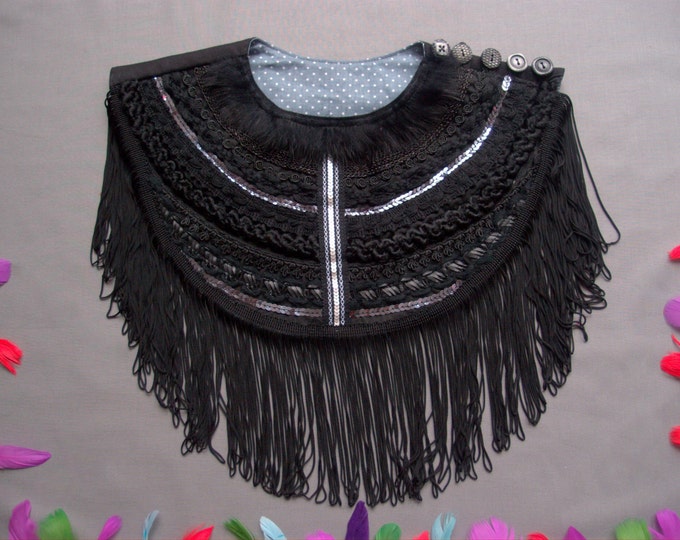 Black Ethnic Necklace with Long Fringe, Tribal Necklace, Fashion Necklace, Art to wear, Burning Man Clothing, Black Fringe Necklace, Costume