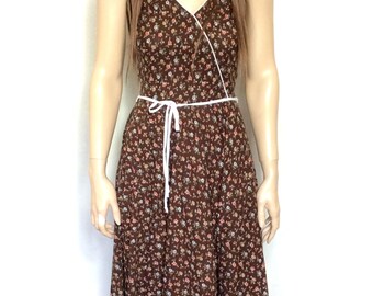 Vintage Hippie Dress Extra Small Boho Dress XS 70's Dress 80's Dress Prairie Dress Brown Dress Summer Dress Sleeveless Floral