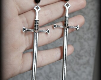 Gothic antique silver sword and glass crystal earrings