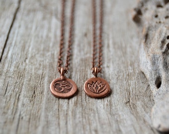 Tiny om necklace, lotus yoga necklace, yoga jewelry, copper ohm necklace, lotus jewelry, gift for her
