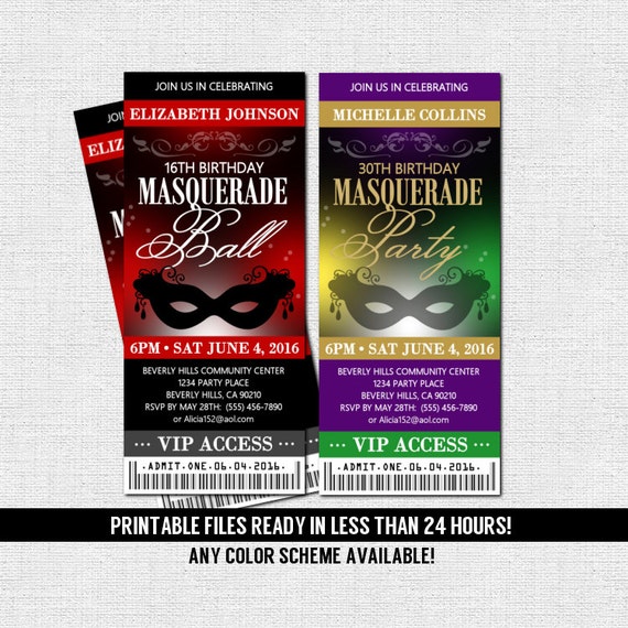 MASQUERADE TICKET INVITATIONS Birthday Party or Ball Any