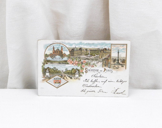 Antique French Souvenir Postcard from Paris, French Country Decor, Parisian Home, Provencal, Eiffel Tower, Retro Home Decor, Collectable