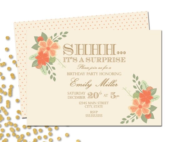 Surprise Birthday Party Invitation - Surprise Party - Peach Gold and Cream Floral - Polka Dot BACKSIDE INCLUDED - Printable Il_570xn