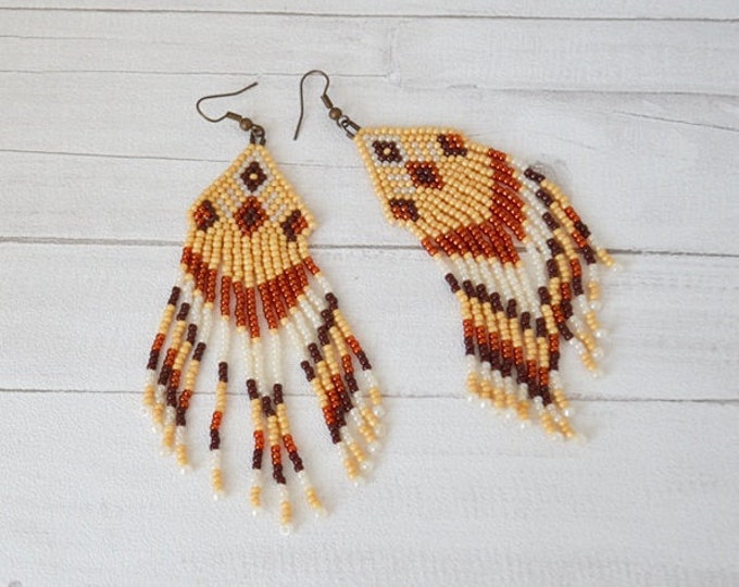 Beaded Earrings Native American Style Long Dangle Earrings Long Earrings With Fringe Fringe Dangle gift for her valentine Beige Earrings