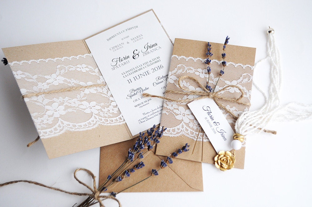 Rustic Lavender and Lace Wedding Invitation / Rustic